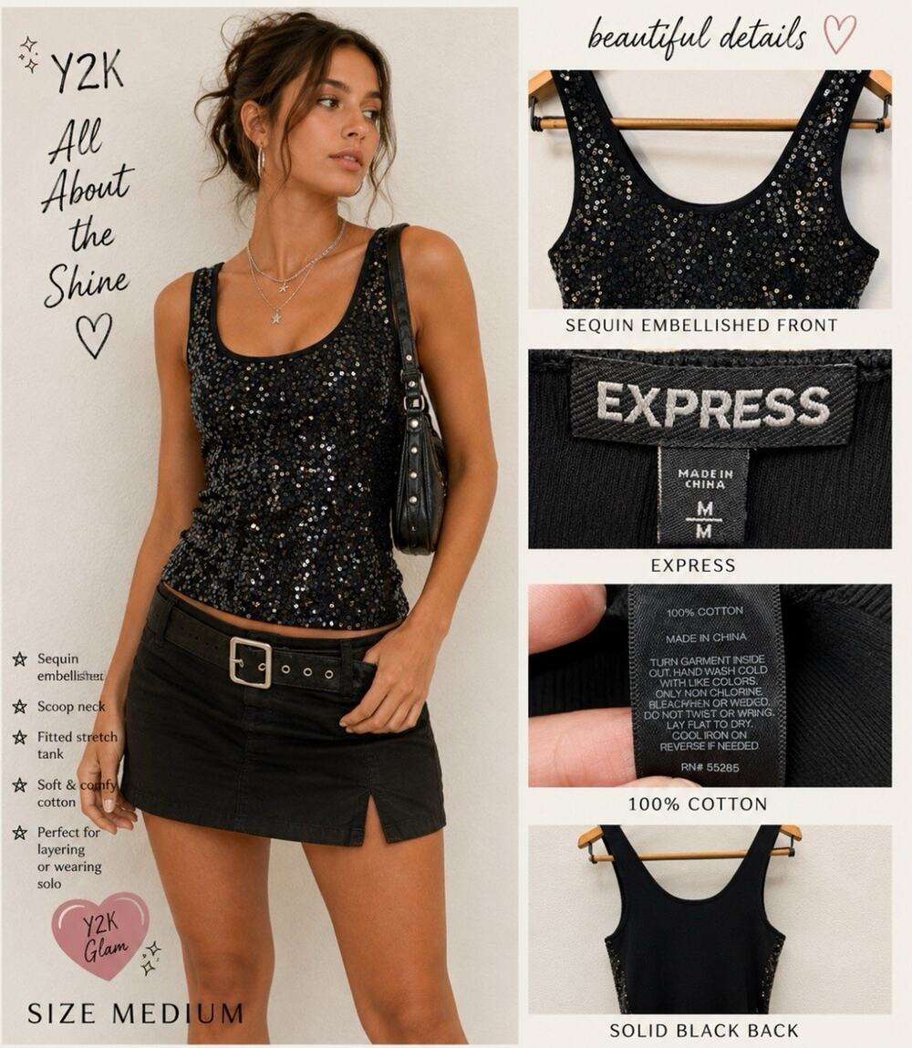 Y2K Indie Sleaze Glam Express Sequin Embellished Tank Top Size M Black Sparkle